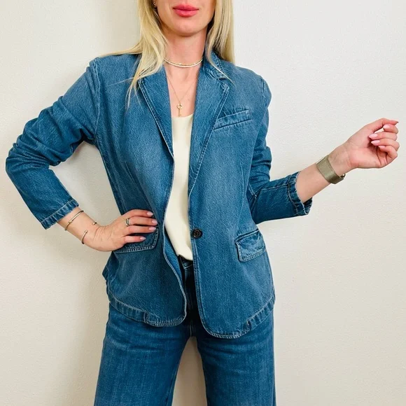 Ralph Lauren Casual Blue Cotton Denim One Button Notch Collar Blazer Jacket - Picture 4 of 16